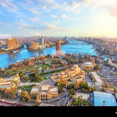 Cairo beside the Nile, with the city’s buildings along the river.