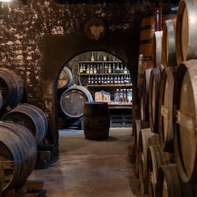 Wine barrels stored in a cellar, where some wines are aged before bottling.