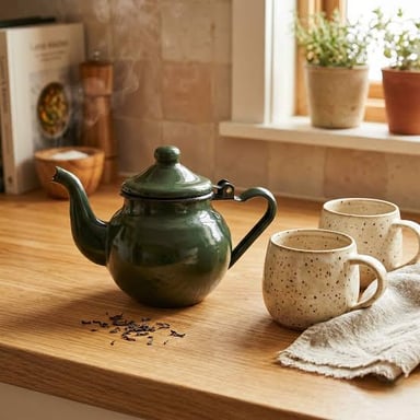 A ceramic teapot with a lid, handle, and spout.