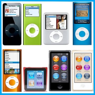 Several Apple iPod models, including a compact iPod Shuffle and an iPod Nano.