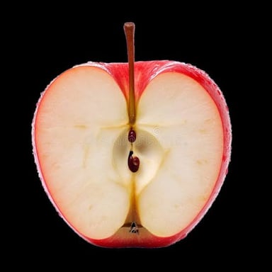 A halved apple with its central core and seeds visible.