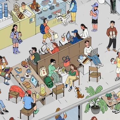 A crowded scene with activity happening in many directions.