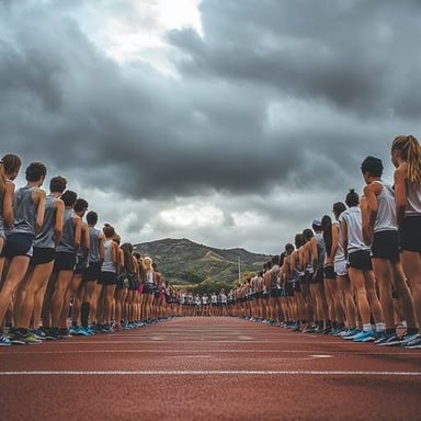 Runners waiting in starting positions before a race begins.