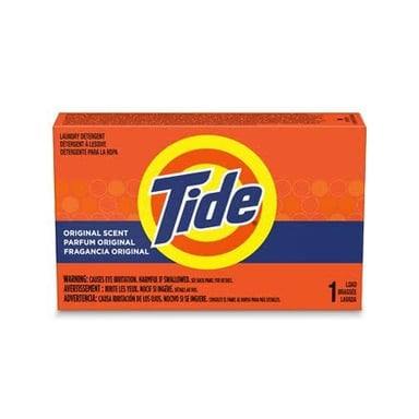 Orange Tide laundry detergent packaging displayed on a store shelf.