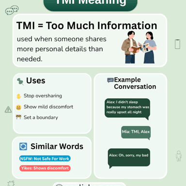 A phone displays a casual text exchange in which one person replies “TMI.”