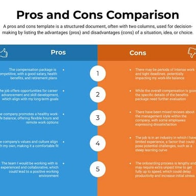 A comparison list showing pros on one side and cons on the other.