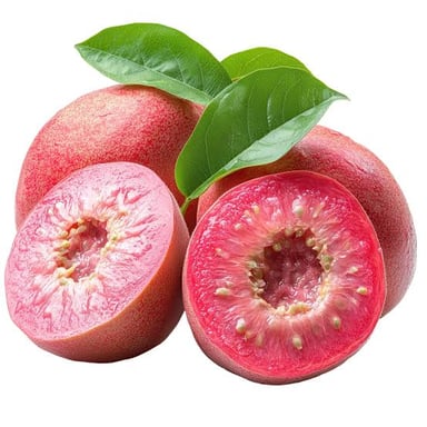 Whole and sliced fresh guavas showing their seeded centers