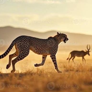 A cheetah sprinting across an open savanna.