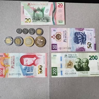 Mexican peso notes and coins.