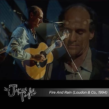 James Taylor performing, associated with his song “Fire and Rain.”