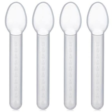 A measured dose of liquid medicine in a dosing spoon
