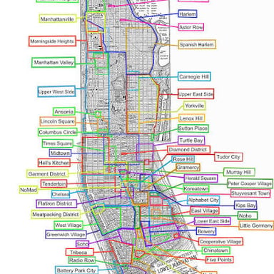 Map of Manhattan showing the avenues crossing the numbered streets