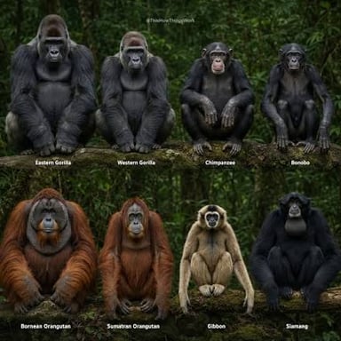 A gorilla and a gibbon, both members of the ape group