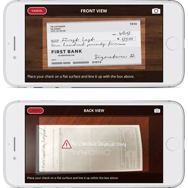 Smartphone banking app displaying a check-deposit screen
