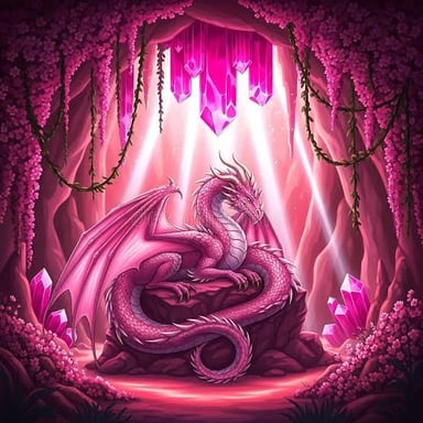 A dragon inside a shadowy cave that serves as its lair.