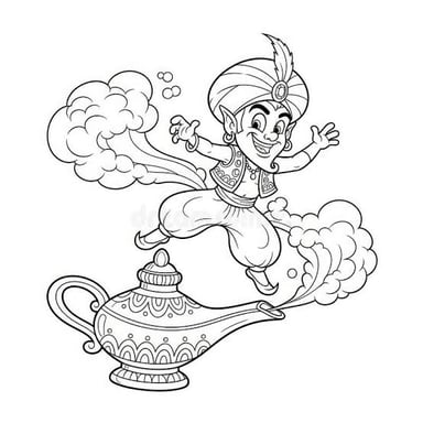 A storybook-style genie emerges from a lamp, depicting the familiar wish-granting character.