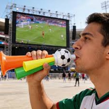 Fans sounding handheld air horns in a sports stadium