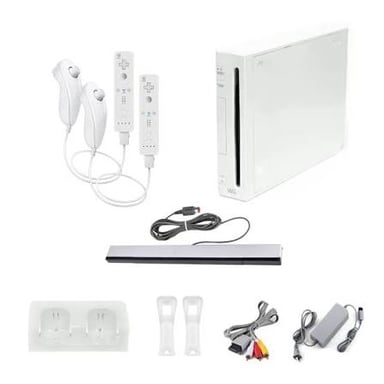 A Nintendo Wii console beside its motion-sensing Wii Remote