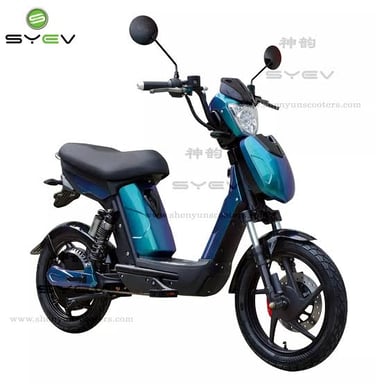 A small two-wheeled moped showing its pedals and motor.