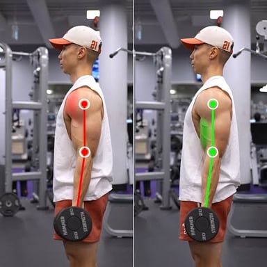 A person bending the elbow to lift a dumbbell in a bicep curl.