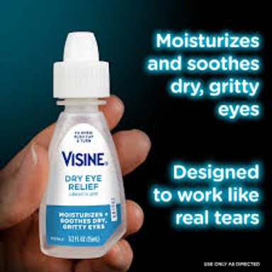 A bottle of eye drops beside an illustration of an eye.