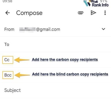 An email composition window with a visible carbon-copy, or CC, field.