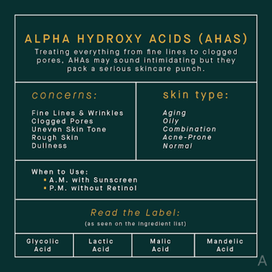 A skincare exfoliant bottle labeled with AHA, an abbreviation for alpha hydroxy acid.