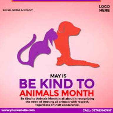 A May calendar page paired with a reminder to be kind to animals.