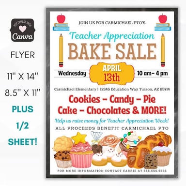 A school bake sale with parents and teachers helping at the table.