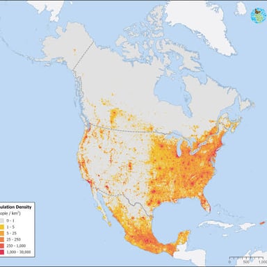 A map using shaded regions to show differences in population density.