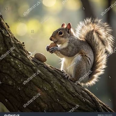 A squirrel holding an acorn in its paws