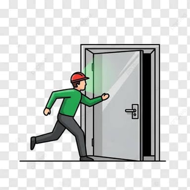 A person quickly exits through a doorway, suggesting an urgent departure.