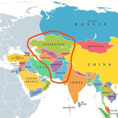 A map of Central and South Asia showing several countries whose names end in -stan.