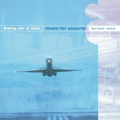 Brian Eno pictured with or alongside the Music for Airports album.