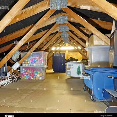 A home attic with sloping ceilings and boxes stored beneath the roof.