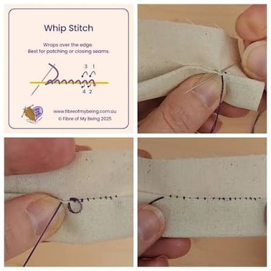 A person using thread and a needle to repair a seam.