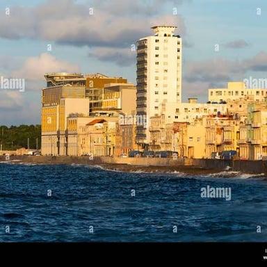 Historic buildings along Havana’s waterfront in Cuba.