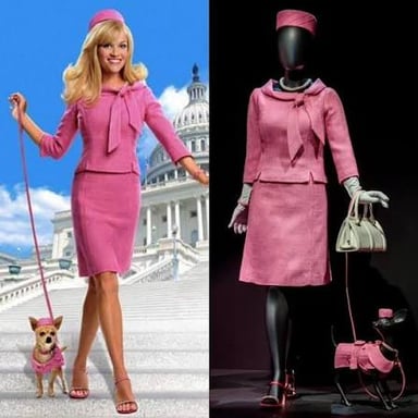 Elle Woods, the central character of the Legally Blonde films, in her signature pink style.