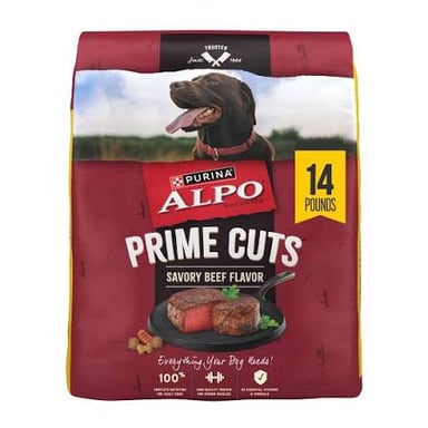 A bag of Purina Alpo Prime Cuts dry dog food.