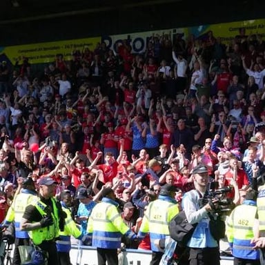 Soccer supporters cheering in a crowded stadium
