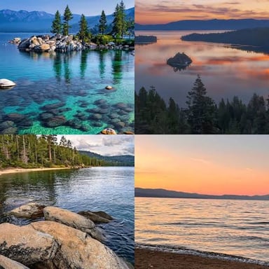 Clear blue water and a forested mountain shoreline at Lake Tahoe.