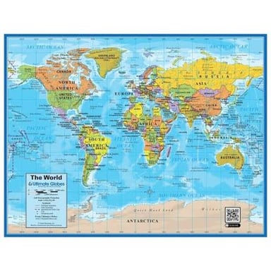 An open atlas showing printed maps of the world.