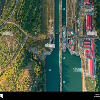A view of ships passing through the Panama Canal locks.