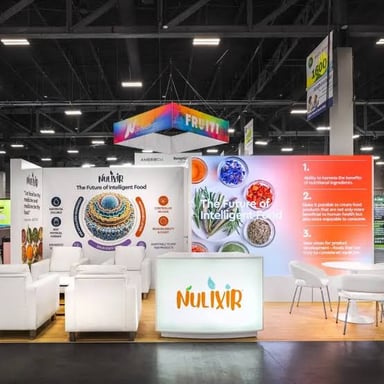 Exhibition booths displaying products at a trade show.