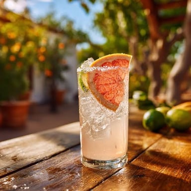 A Paloma cocktail made with tequila, grapefruit, and lime, served in a glass with a salted rim.