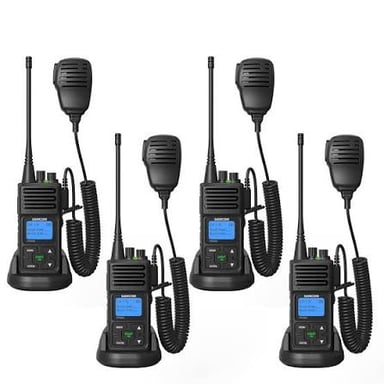 A handheld two-way radio used to communicate