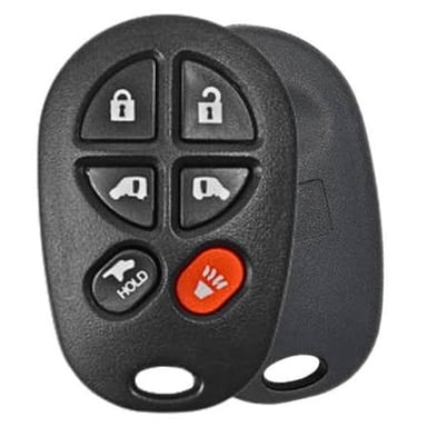 A handheld car key fob with buttons for locking and unlocking doors.