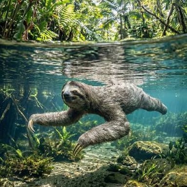 A sloth swimming, showing its ability to move through water