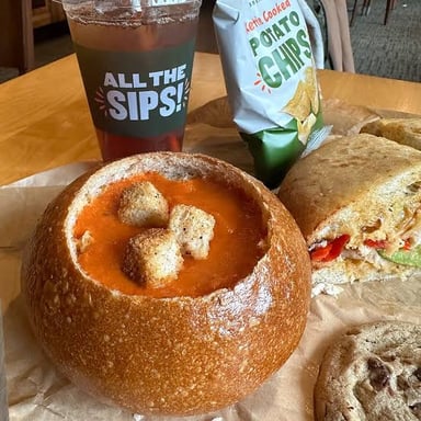 A soup-filled bread bowl associated with Panera Bread cafés.