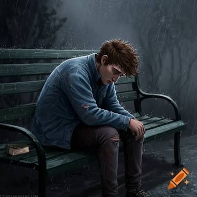 A person sitting alone with a visibly downcast expression.